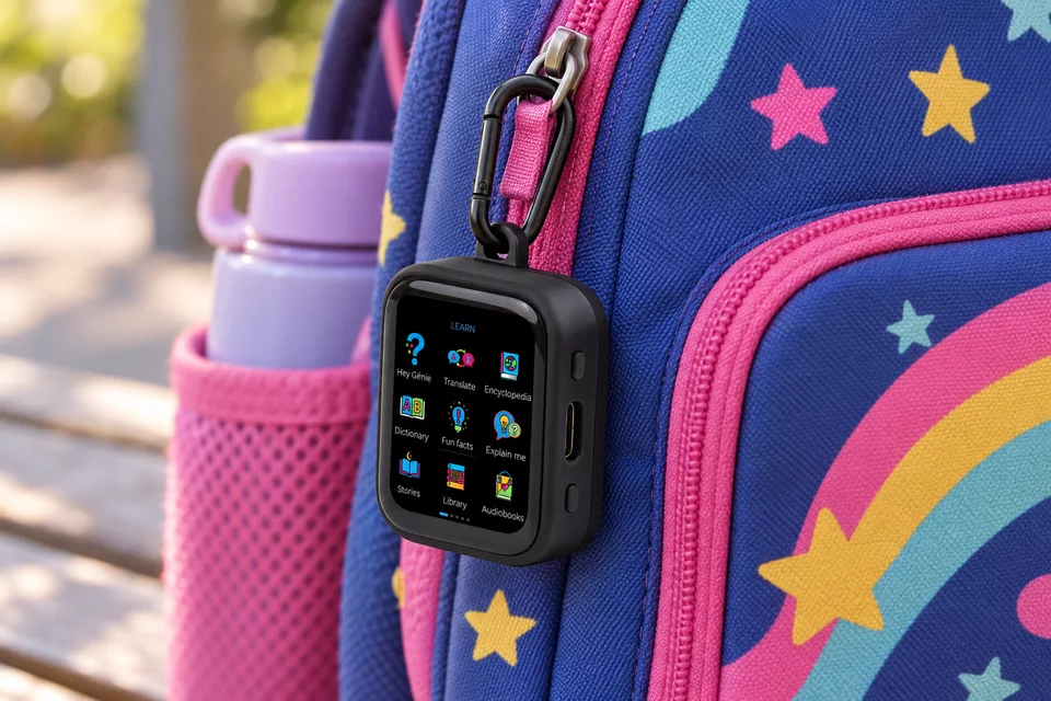 Génie on a keychain clip on a backpack (illustration)
