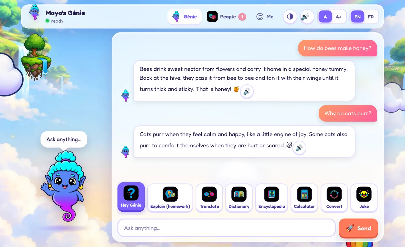 Génie web in a browser, sky world: Maya asks how bees make honey and why cats purr