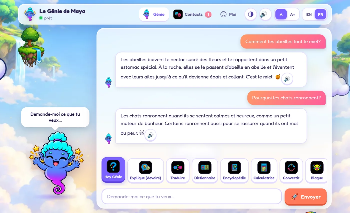 Génie web dans un navigateur, monde ciel : Maya demande comment les abeilles font le miel